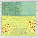Poster Peinture du paysage de prairie<br><div class="desc">Un paysage moderne et contemporain avec une paisible prairie fleurie remplie d'oiseaux volant contre le ciel et une forêt de pins au loin. Couleurs jaunes et vertes fraîches et relevantes. Art original de Nic Squirrell.</div>
