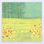 Poster Peinture du paysage de prairie<br><div class="desc">Un paysage moderne et contemporain avec une paisible prairie fleurie remplie d'oiseaux volant contre le ciel et une forêt de pins au loin. Couleurs jaunes et vertes fraîches et relevantes. Art original de Nic Squirrell.</div>