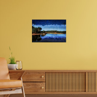 Poster Peinture d'un lac bleu calme au printemps