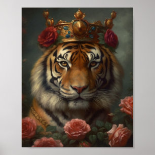 Poster Peinture d'un tigre avec couronne et Rose