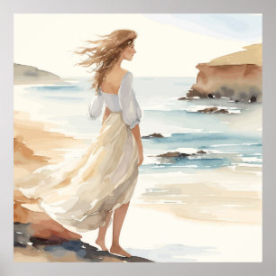 Poster Peinture d'une femme en robe blanche Art Imprimer