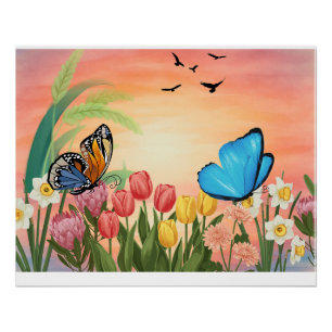 Poster Peinture élégante de papillon floral à l'huile