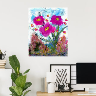 Poster Peinture florale botanique de fleurs roses abstrai