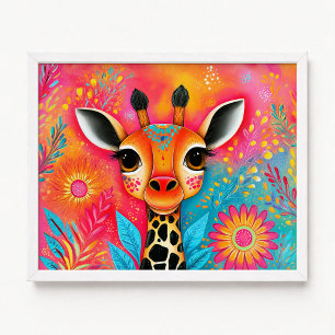 Poster Peinture florale de girafe orange rose