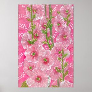 Poster Peinture florale rose Hollyhock Malve Malva
