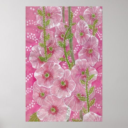 Poster Peinture florale rose Hollyhock Malve Malva (Devant)