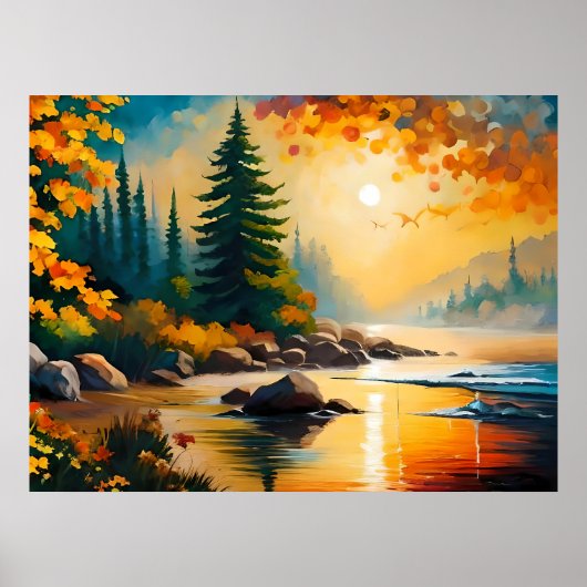 Poster peinture fluviale pinède rocheuse automne après-mi (Devant)