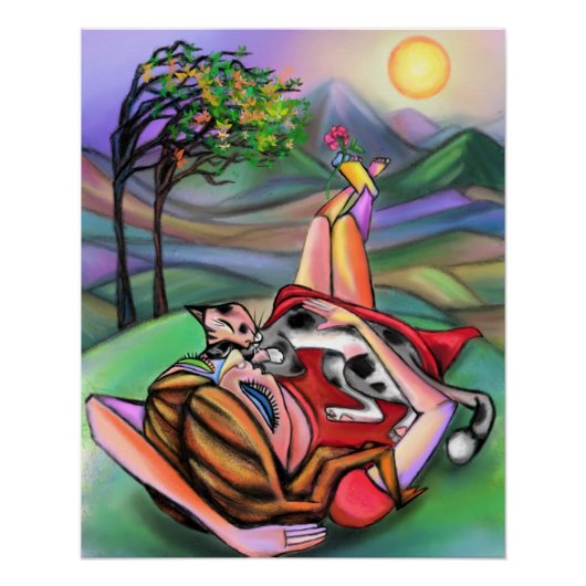 Poster Peinture Girl and Cat In Nature (Devant)