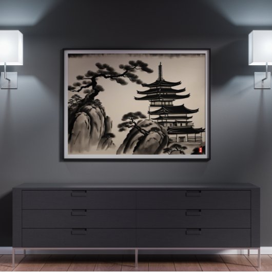 Poster Peinture japonaise à l'encre paysage