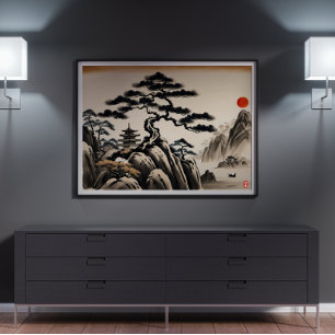 Poster Peinture japonaise à l'encre paysage