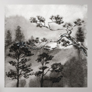 Poster Peinture japonaise Sumi-e d'un pin dans le brouill