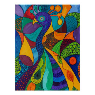 Poster Peinture mosaïque abstraite et vibrante de paon