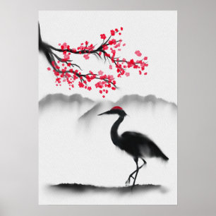 Poster Peinture murale avec Sakura et Héron