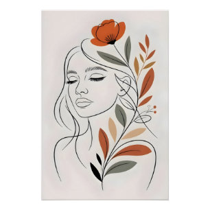 Poster Peinture murale de femme en art linéaire floral mi