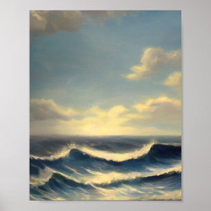 Poster peinture nautique de vagues océaniques ciel nuageu