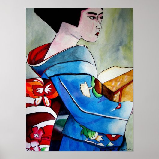 Poster peinture originale d'aquarelle japonaise Geisha (Devant)
