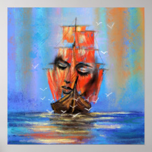 Poster Peinture originale de la dame du voilier en naviga