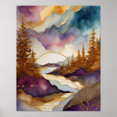 Poster Peinture Paysage Abstrait Or Bleu pourpre (Devant)