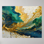 Poster Peinture Paysage Abstrait Or Bleu Vert (Devant)