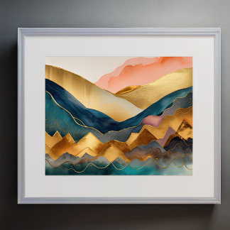 Poster Peinture Paysage Abstrait Or Pêche Bleu