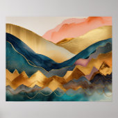 Poster Peinture Paysage Abstrait Or Pêche Bleu (Devant)