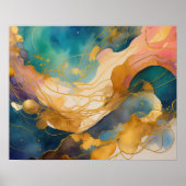 Poster Peinture Paysage Abstrait Or Pêche Bleu (Devant)