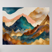 Poster Peinture Paysage Abstrait Or Pêche Bleu (Devant)