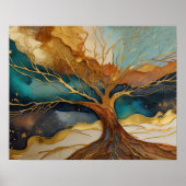 Poster Peinture Paysage Abstrait Or Rouille Arbre Bleu (Devant)