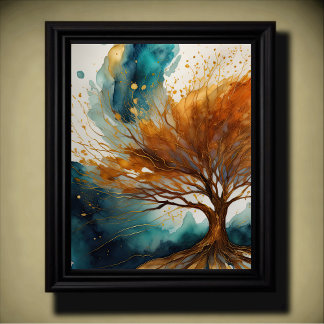 Poster Peinture Paysage Abstrait Or Rouille Bleu