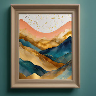 Poster Peinture Paysage Abstrait Peach Gold Peach Blue II
