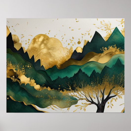 Poster Peinture Paysage Abstrait Vert or (Devant)