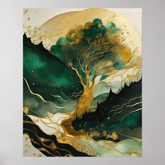 Poster Peinture Paysage Abstrait Vert or (Devant)