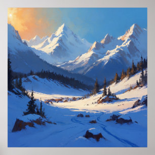 Poster Peinture paysage de montagne ensoleillée