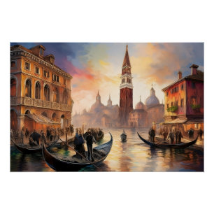 Poster Peinture Paysage de Venise avec Gondolas & San Mar