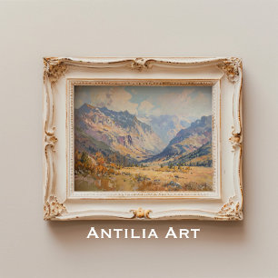Poster Peinture paysage vintage de montagne ton neutre
