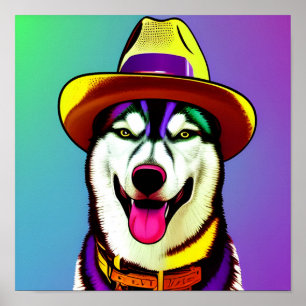 Poster Peinture pop art d'un chien Husky portant un Casqu