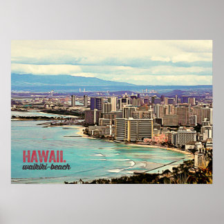 Poster Peinture rétro Hawaii Waikiki Beach