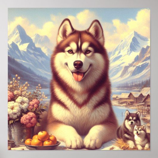 Poster Peinture rétro Sibérienne Husky (Devant)