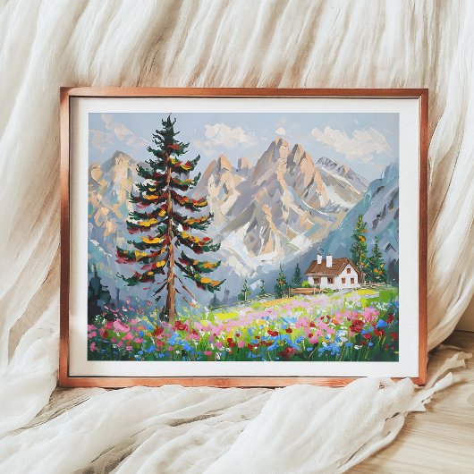 Poster Peinture vibre Montagne Fleur sauvage Art Cabine