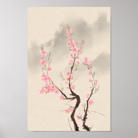 Poster Peinture vintage de style chinois vert rose (Devant)