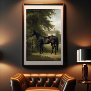 Poster Peinture vintage Equestre Chasseur Noir Cheval