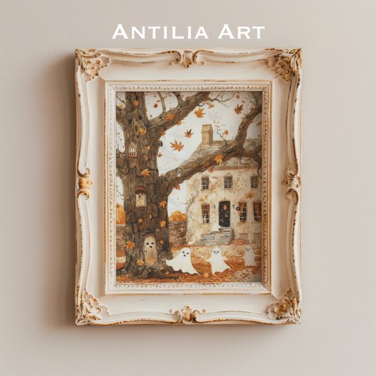 Poster Peinture vintage Hantée Maison Fantômes lunaires