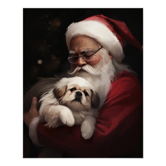 Poster Pekingese avec le Père Noël Festif Noël (Devant)