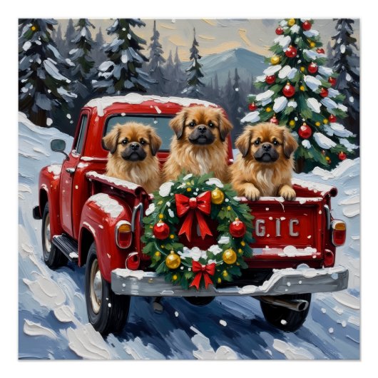 Poster Pekingese Christmas Red Truck Holiday (Devant)