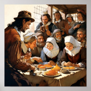 Poster Pèlerins priant pour le repas d'action de grâces