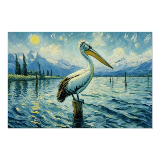 Poster Pélican perché au-dessus de la peinture à l'eau Dé (Devant)
