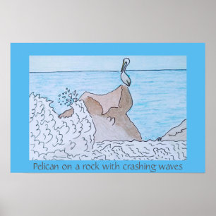Poster Pélican sur un rocher avec des vagues déferlantes