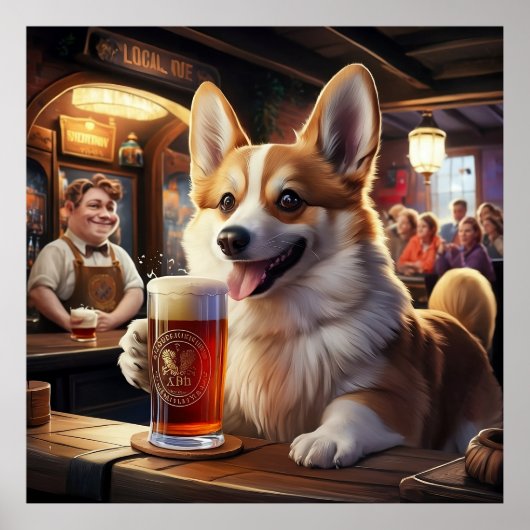 Poster Pembroke Corgi Boire une bière au pub (Devant)