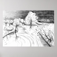 Pencil dessin détente nature scène arbres rivière