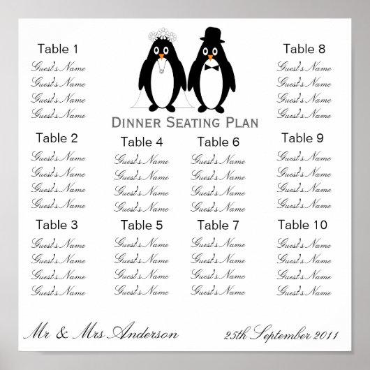 Poster Penguins Mariage Dîner Plan de siège (Devant)